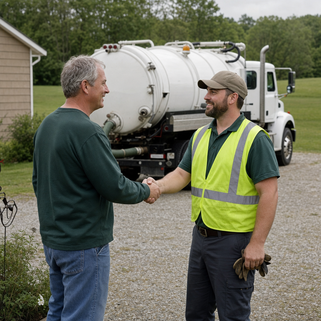 A septic technician shaking a Poinciana homeowner's hand beside the service truck after a completed pump-out