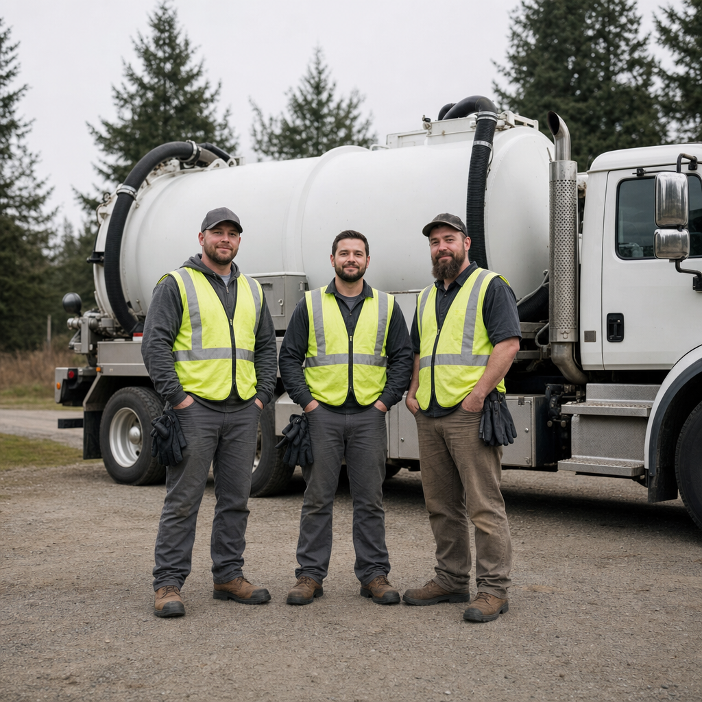 The Poinciana septic pumping crew standing together beside their clean white vacuum truck on a residential street