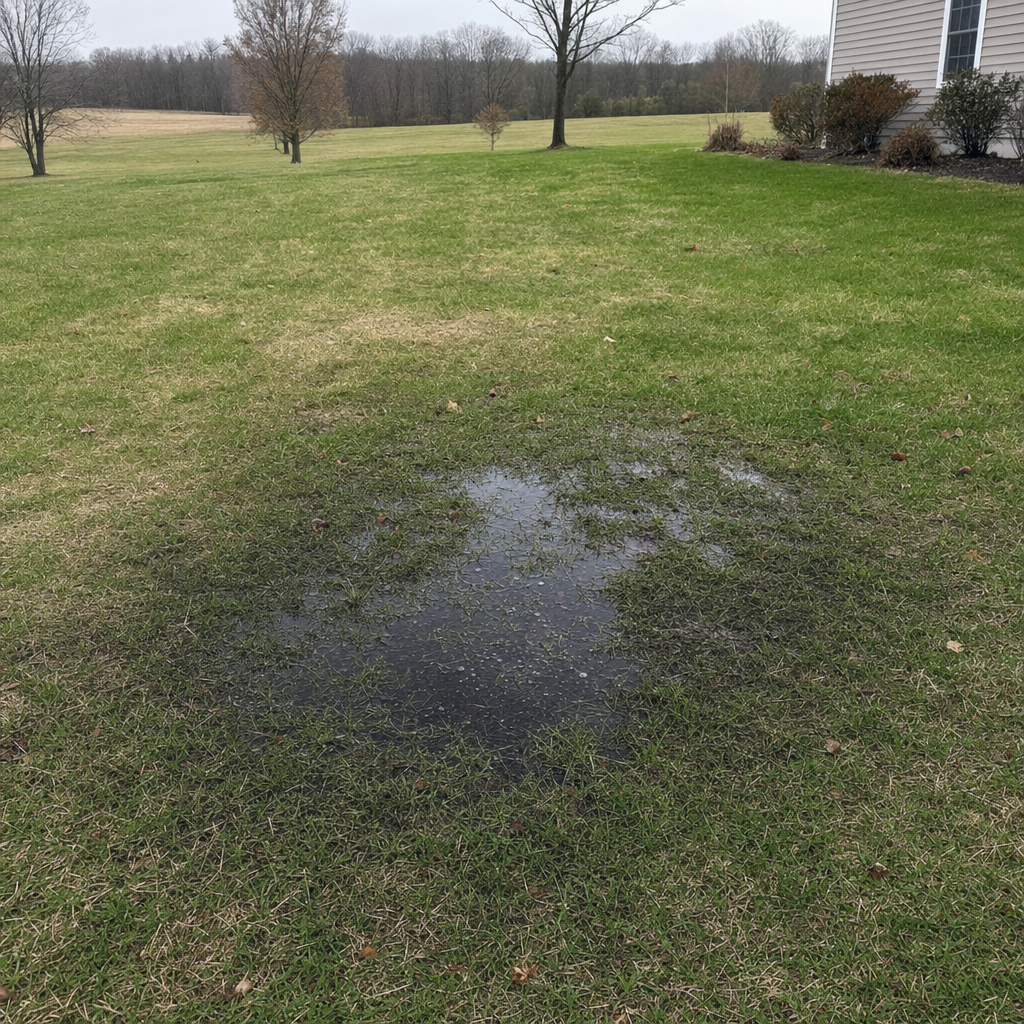 A dark, saturated wet spot in a Poinciana backyard lawn marking a failing cesspool at capacity