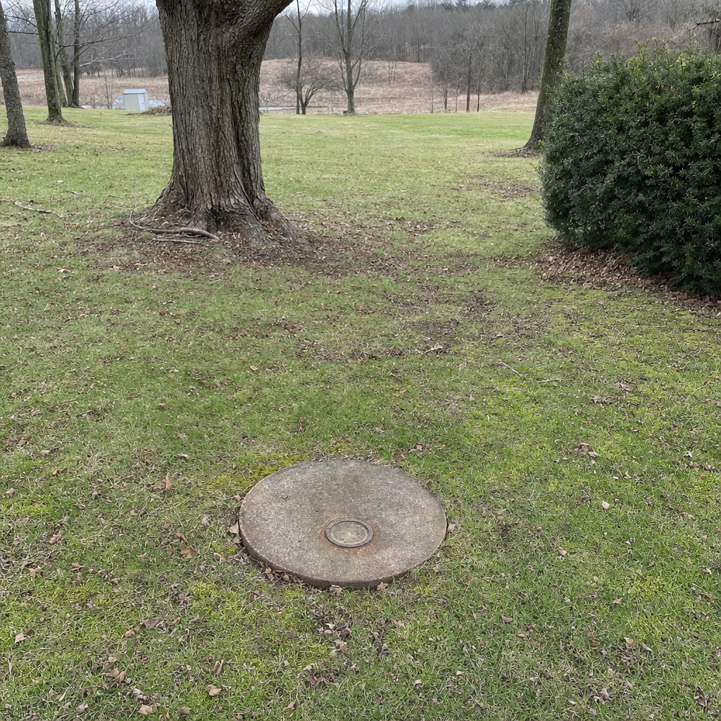 An older round cesspool access lid set flush in an established, mature Poinciana backyard lawn