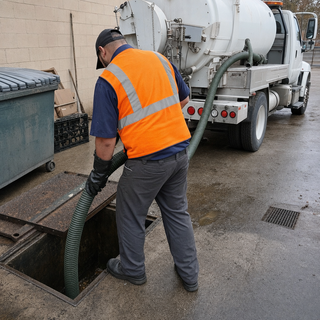 Technician pumping a grease trap behind a Poinciana restaurant
