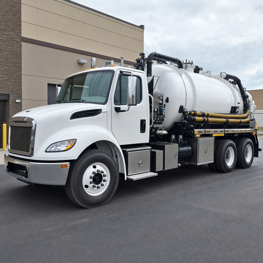 Commercial septic vacuum truck parked in a Poinciana business parking lot