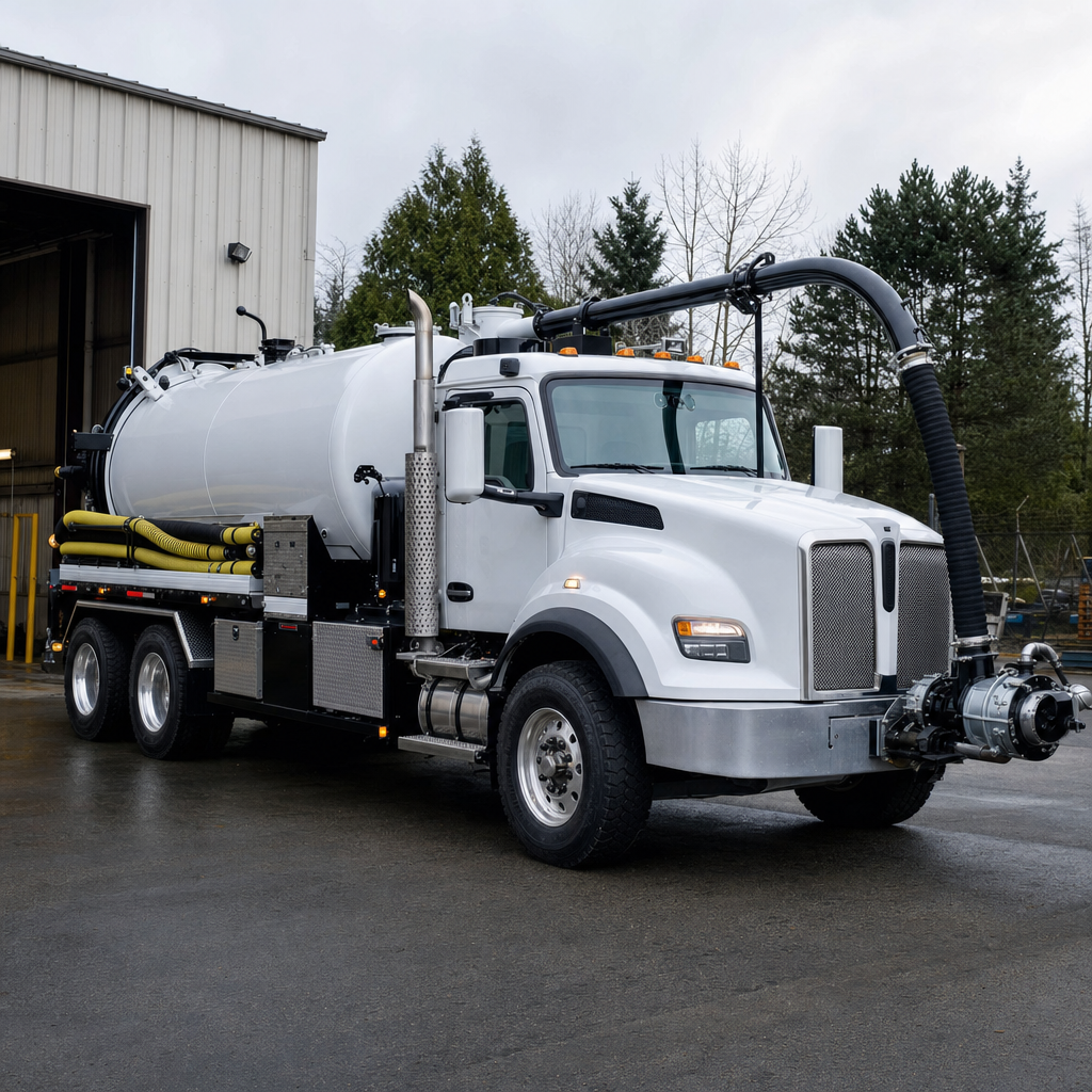 A clean white septic vacuum truck rolling out of a tidy Poinciana service depot at the start of the day