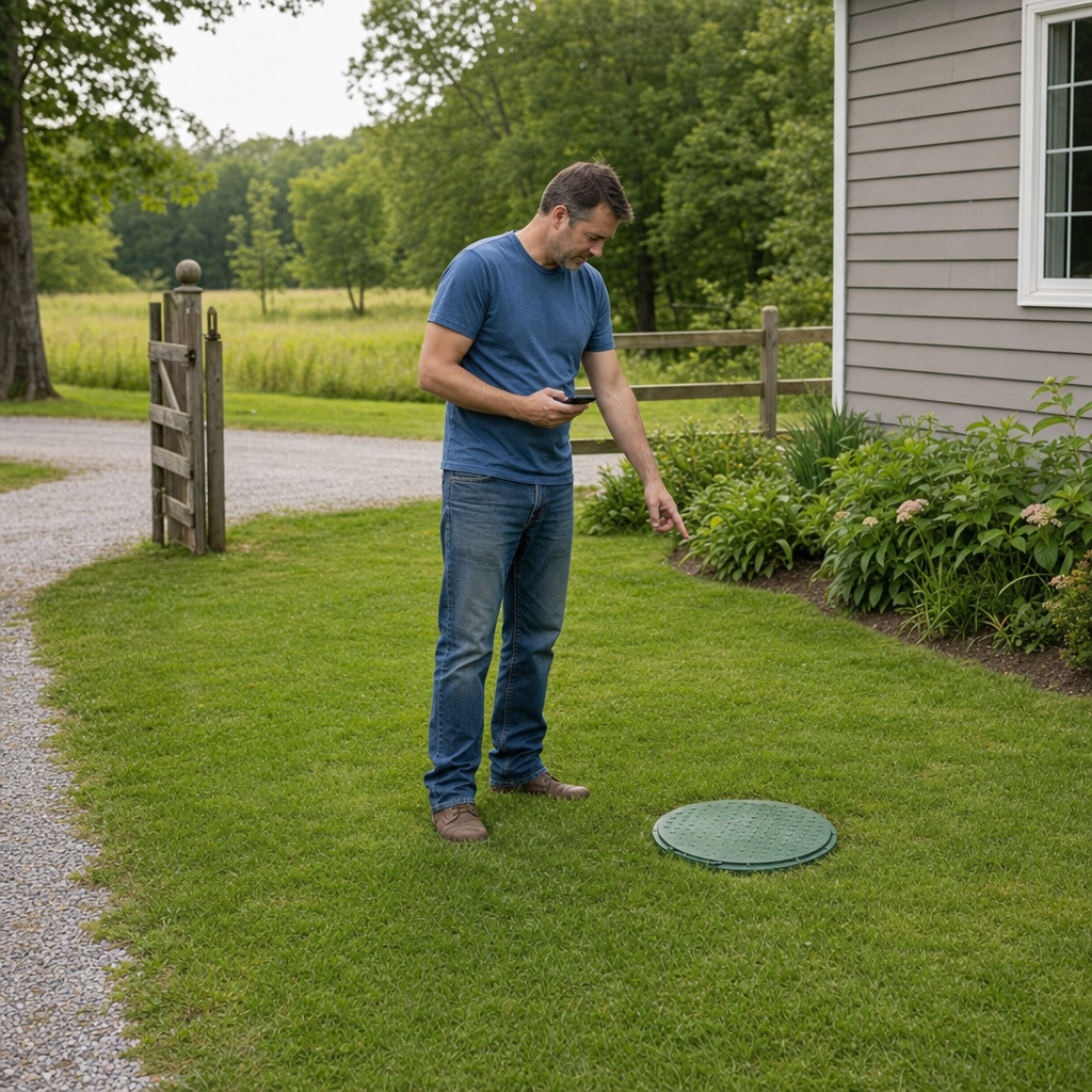 A Poinciana-area homeowner standing in the backyard noting where the septic tank lid and access route are located