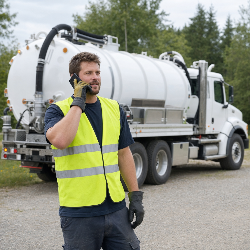 A friendly septic dispatcher holding a phone, ready to answer a Poinciana homeowner's call about a pump-out