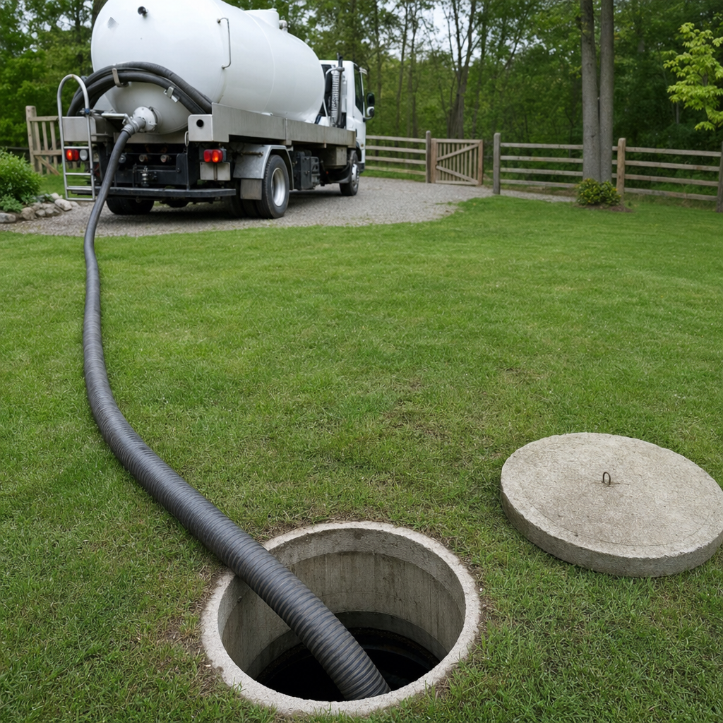 Suction hose connected to an open septic tank, drawing it down in a tidy Poinciana yard