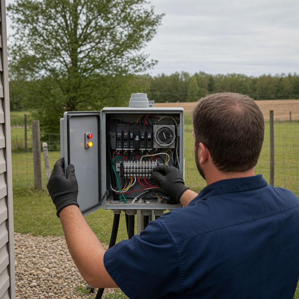 Technician checking an aerobic septic control box with a lit red high-water alarm during a same-day Poinciana visit