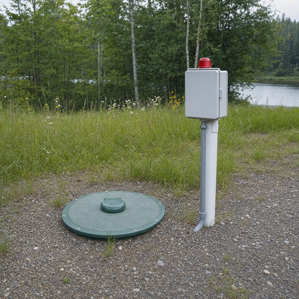 A wastewater holding tank access lid set in the ground at a rural Poinciana-area cabin, with a mounted high-level float alarm panel nearby
