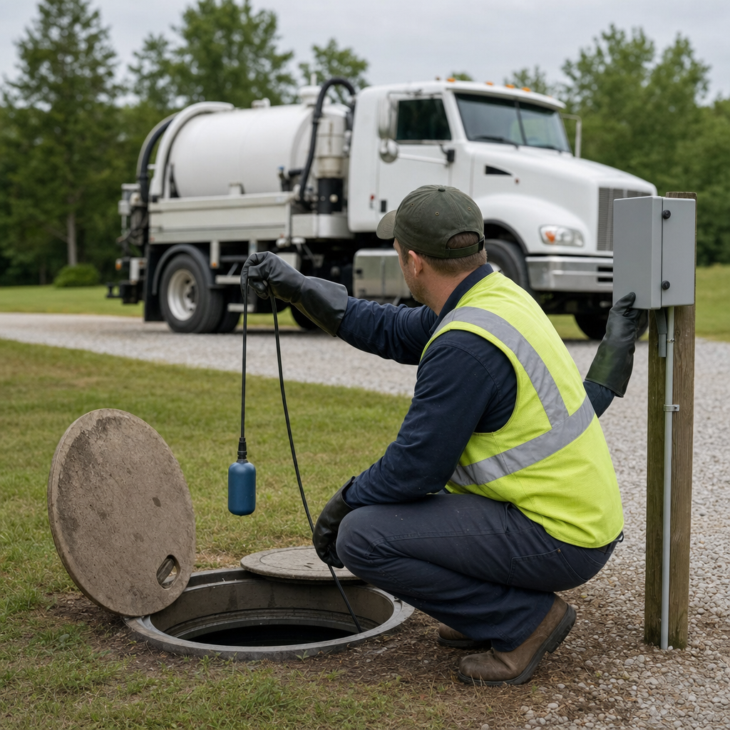 A septic technician in a high-visibility vest checking a high-level float switch and alarm panel on a holding tank at a rural Poinciana-area site