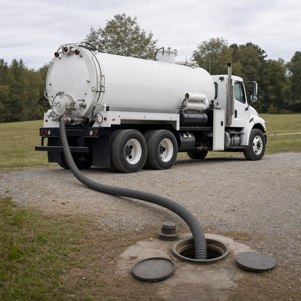 An unmarked white vacuum truck emptying a wastewater holding tank on a scheduled visit at a rural Poinciana-area property, thick suction hose running to the tank lid