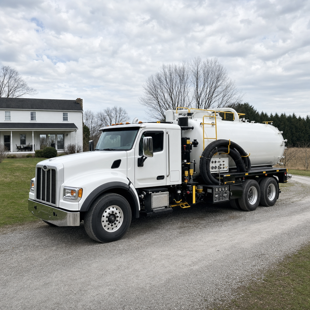 A clean white septic vacuum truck parked on a tidy Poinciana driveway with the suction hose neatly coiled