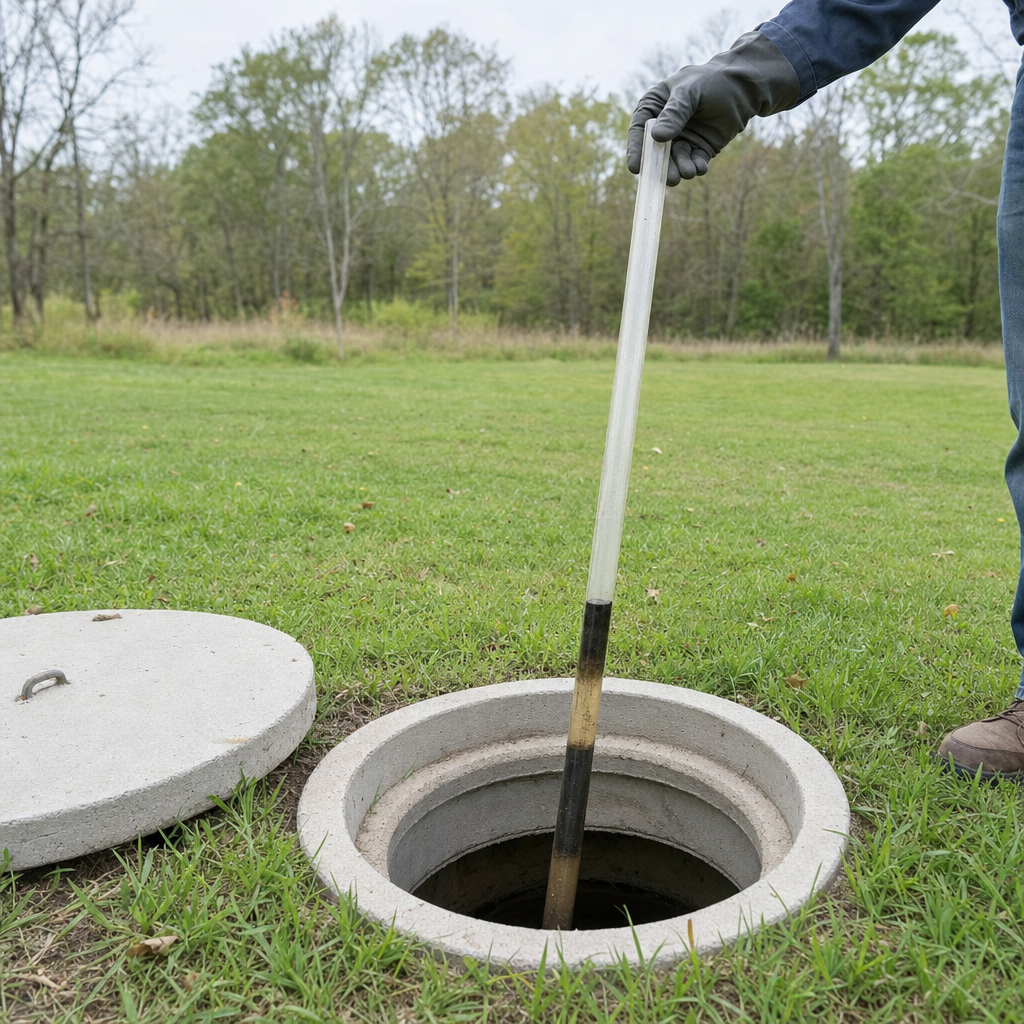 A septic sludge-judge measuring stick lowered into an open Poinciana septic tank to read the depth of the sludge and scum layers before deciding whether a pump-out is due