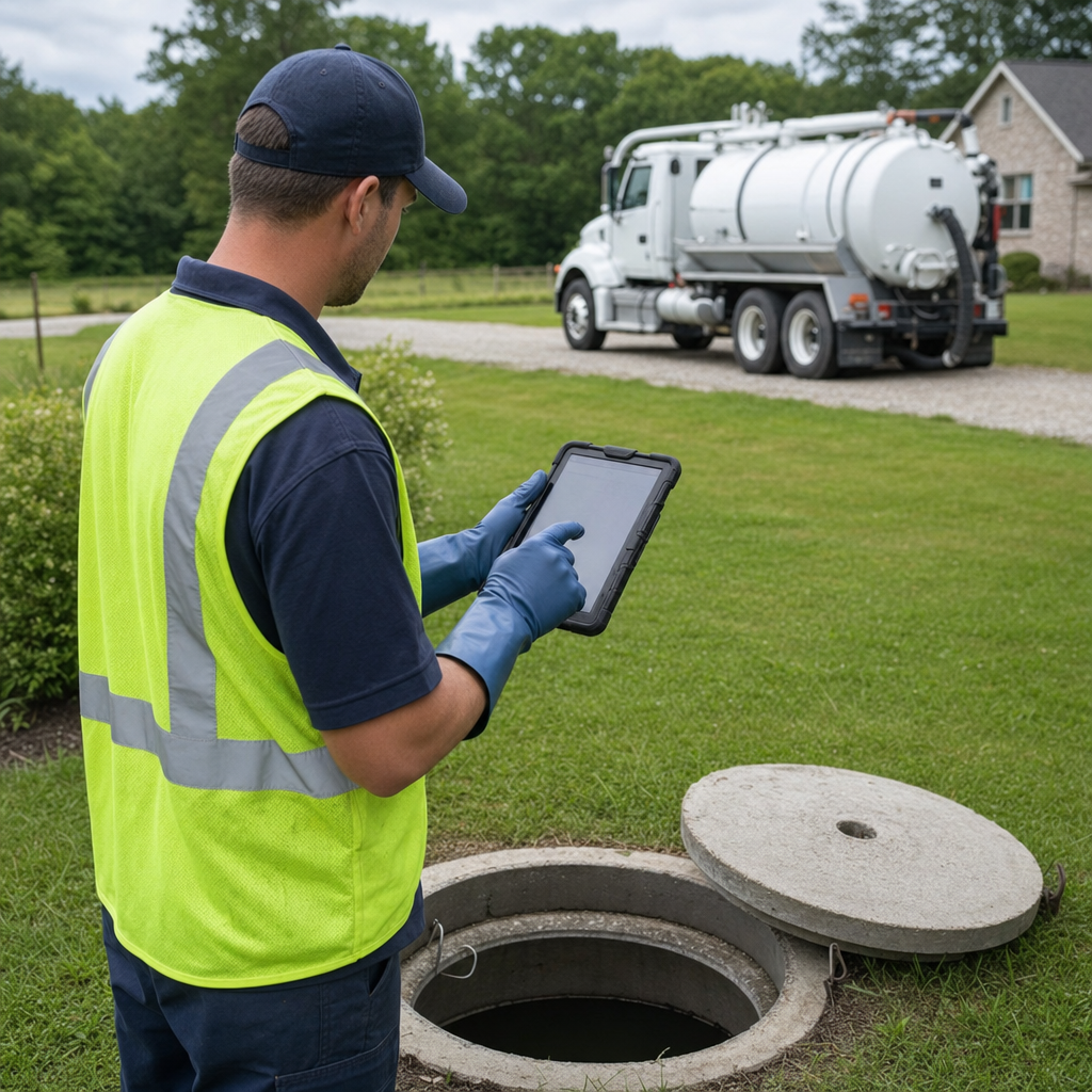A septic technician recording a Poinciana home's pump-out date and tank condition on a tablet beside an open access lid, tracking the service history that sets the next due date