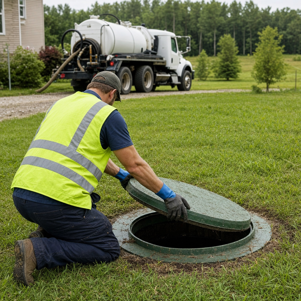 Septic technician kneeling on a Poinciana lawn, lifting the access lid on a residential septic tank