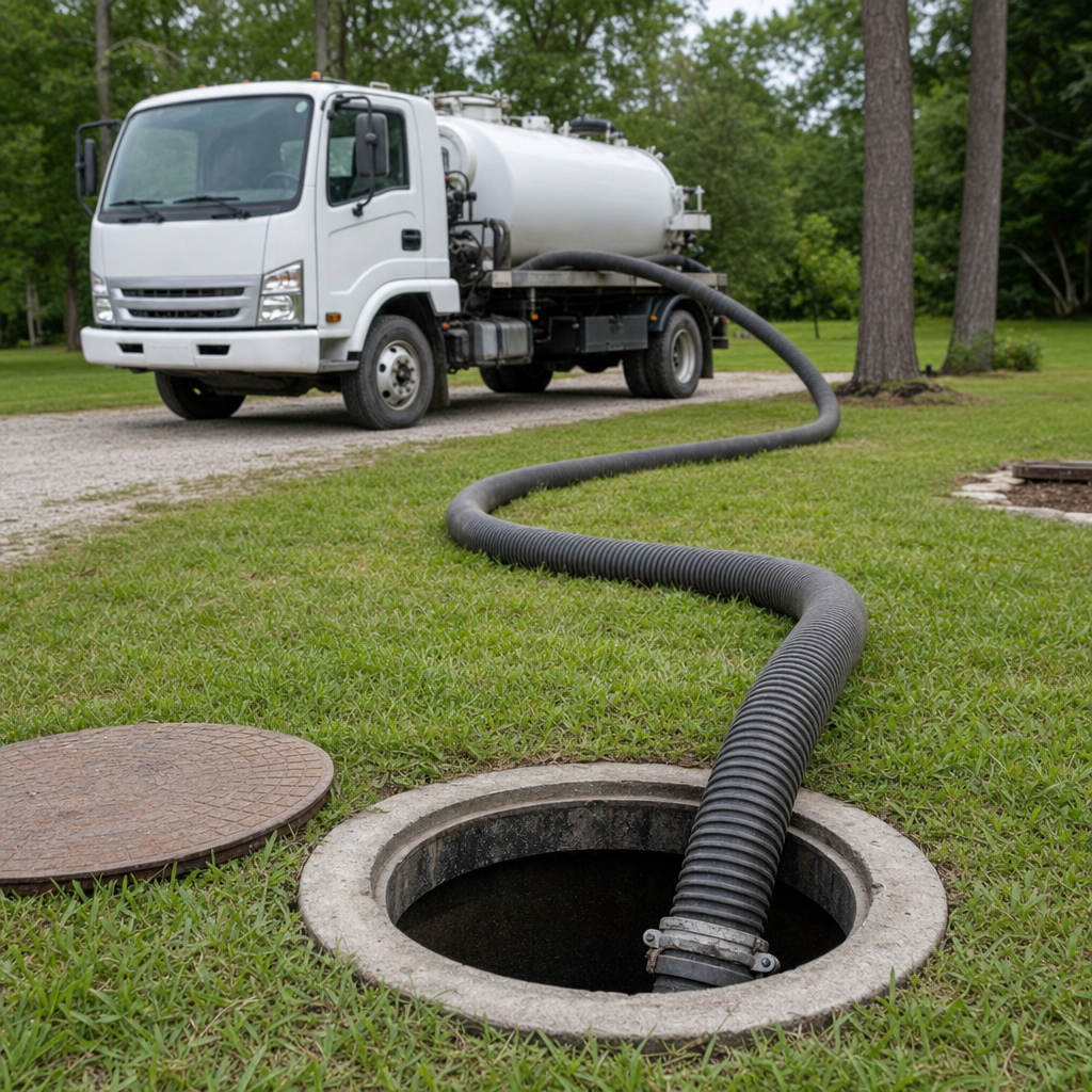 Thick ribbed suction hose lowered into a clean open septic tank port on a tidy Poinciana backyard lawn