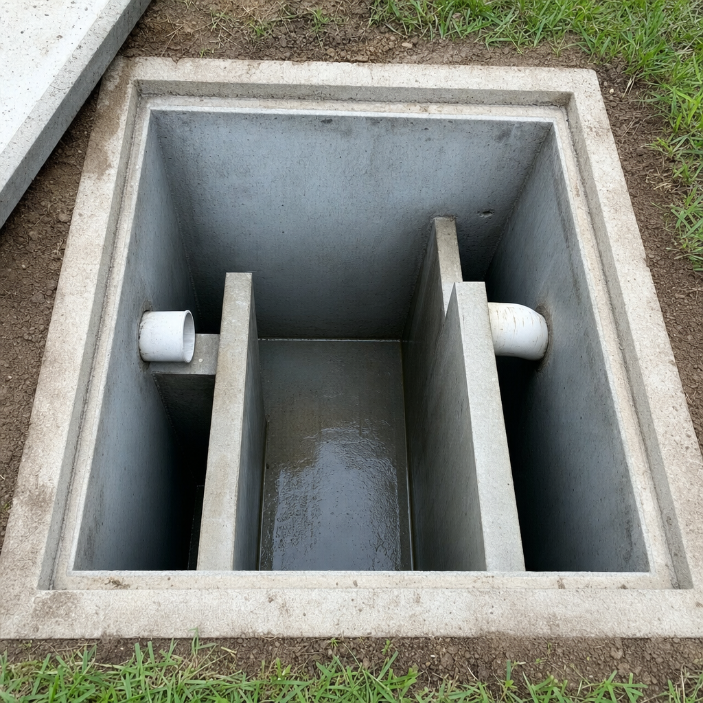 Inspection of the concrete baffles inside an open, emptied and freshly cleaned Poinciana septic tank