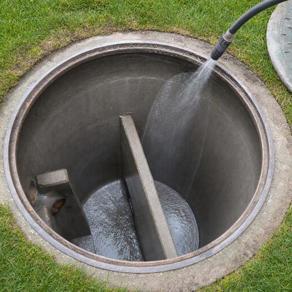 Interior concrete walls of an emptied Poinciana septic tank being rinsed clean with the truck's onboard water hose