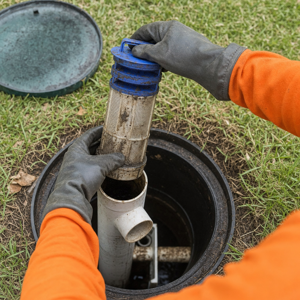 Septic technician's gloved hands lifting the effluent filter cartridge out of the outlet housing on a Poinciana septic tank