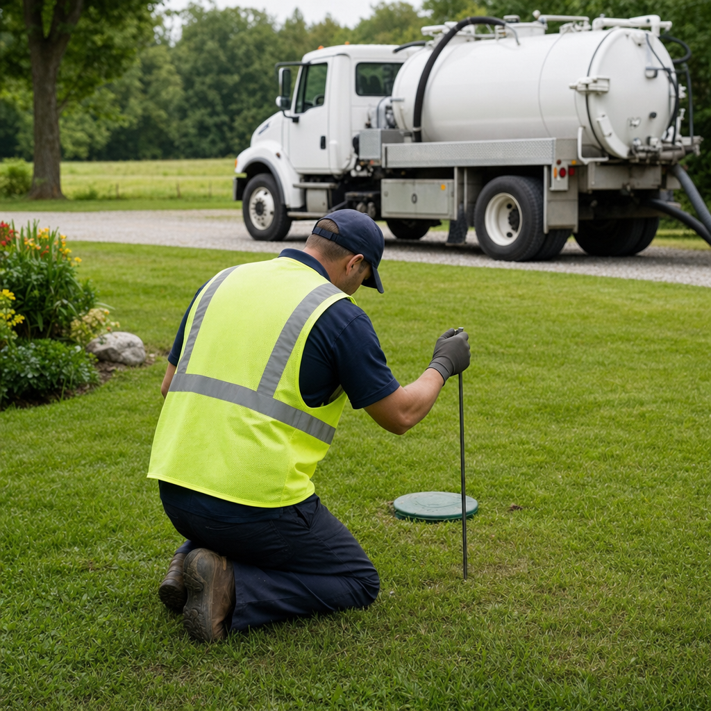 Septic technician kneeling on a Poinciana lawn, probing to locate and measure the depth of a buried septic tank lid before pumping