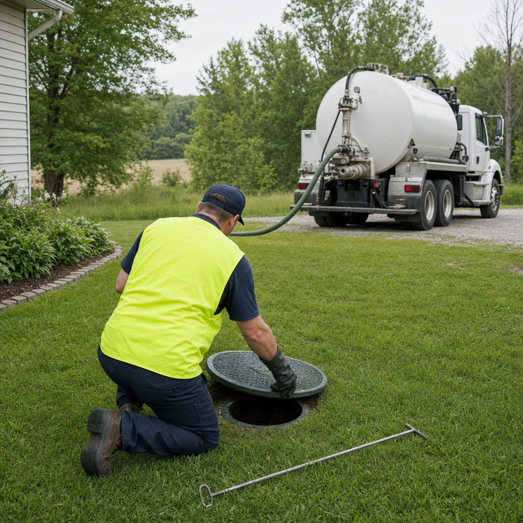 Septic technician kneeling on a Poinciana lawn, lifting the buried access lid on a residential septic tank