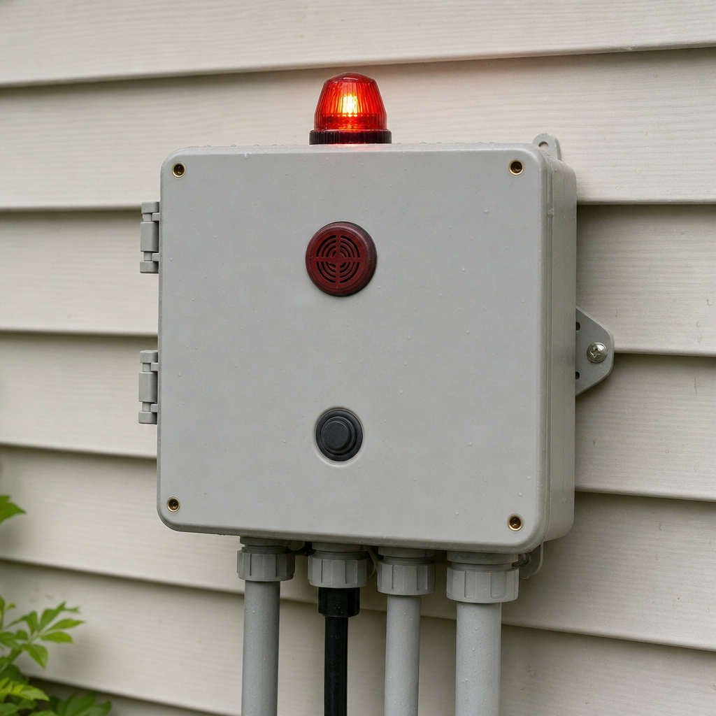 An aerobic septic system control panel mounted outside a Poinciana home with its red high-water alarm light lit
