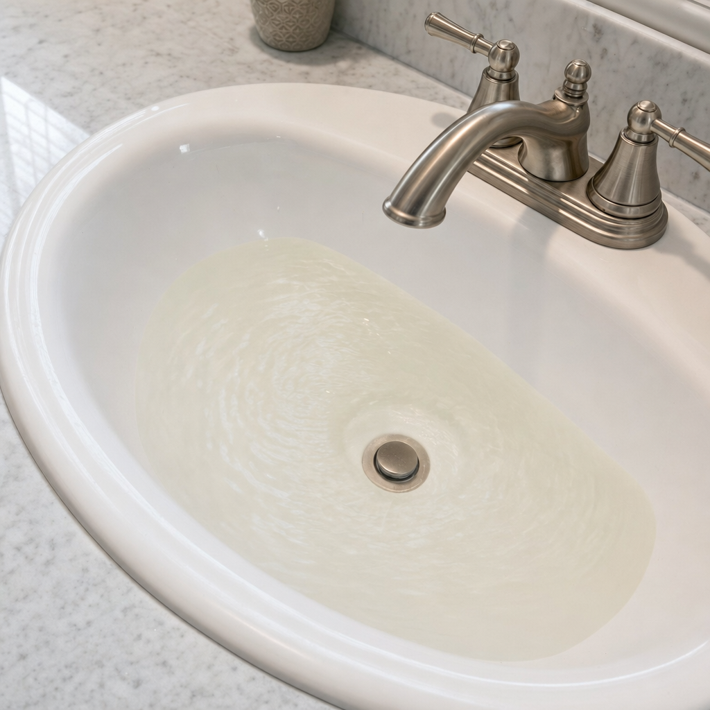 A bathroom sink draining slowly with water pooled in the basin, an early warning sign that a Poinciana septic tank is full